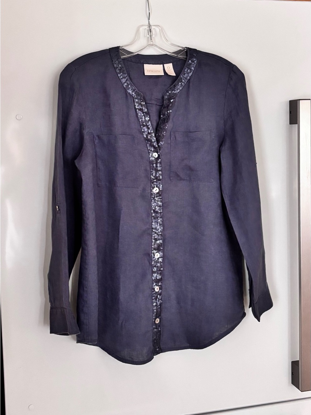 Chicos Blue Linen Sequin Accents Blouse Size 0 ( US Small)